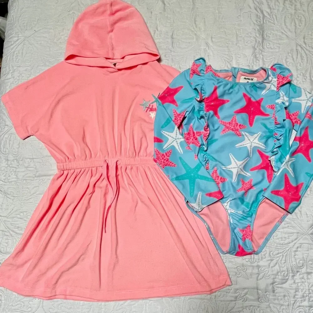 Hurley Rash Guard Swim Suit and Terry Coverup Dress Size 8
